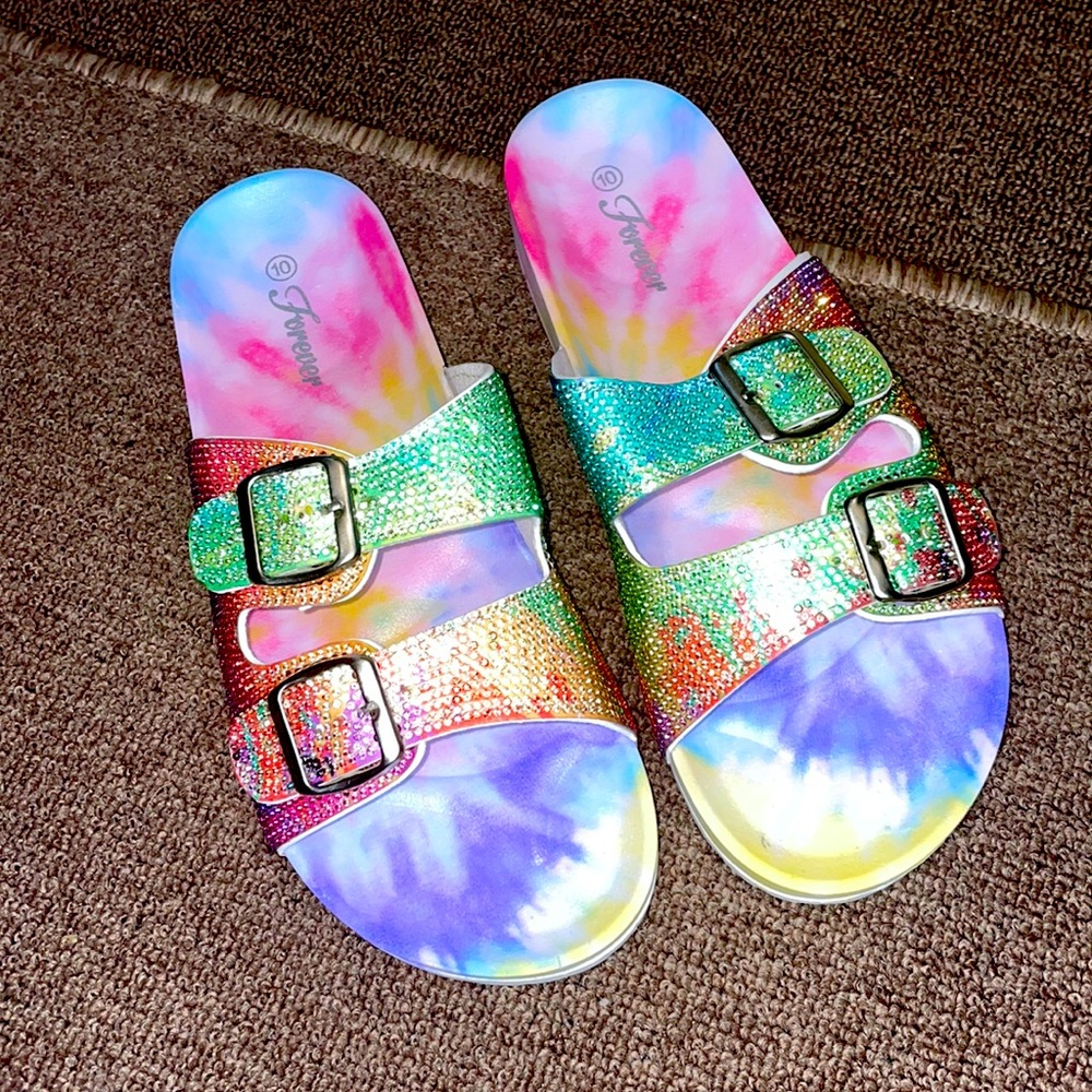 Tie Dye Slides with Buckles & Rhinestones.